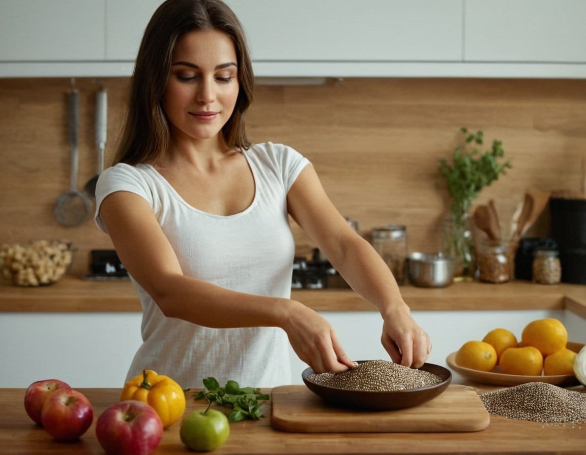Mujer preparando quinua en la cocina moderna, ingredientes naturales y saludables para recetas nutritivas y deliciosas, alimentos orgánicos y bienestar.