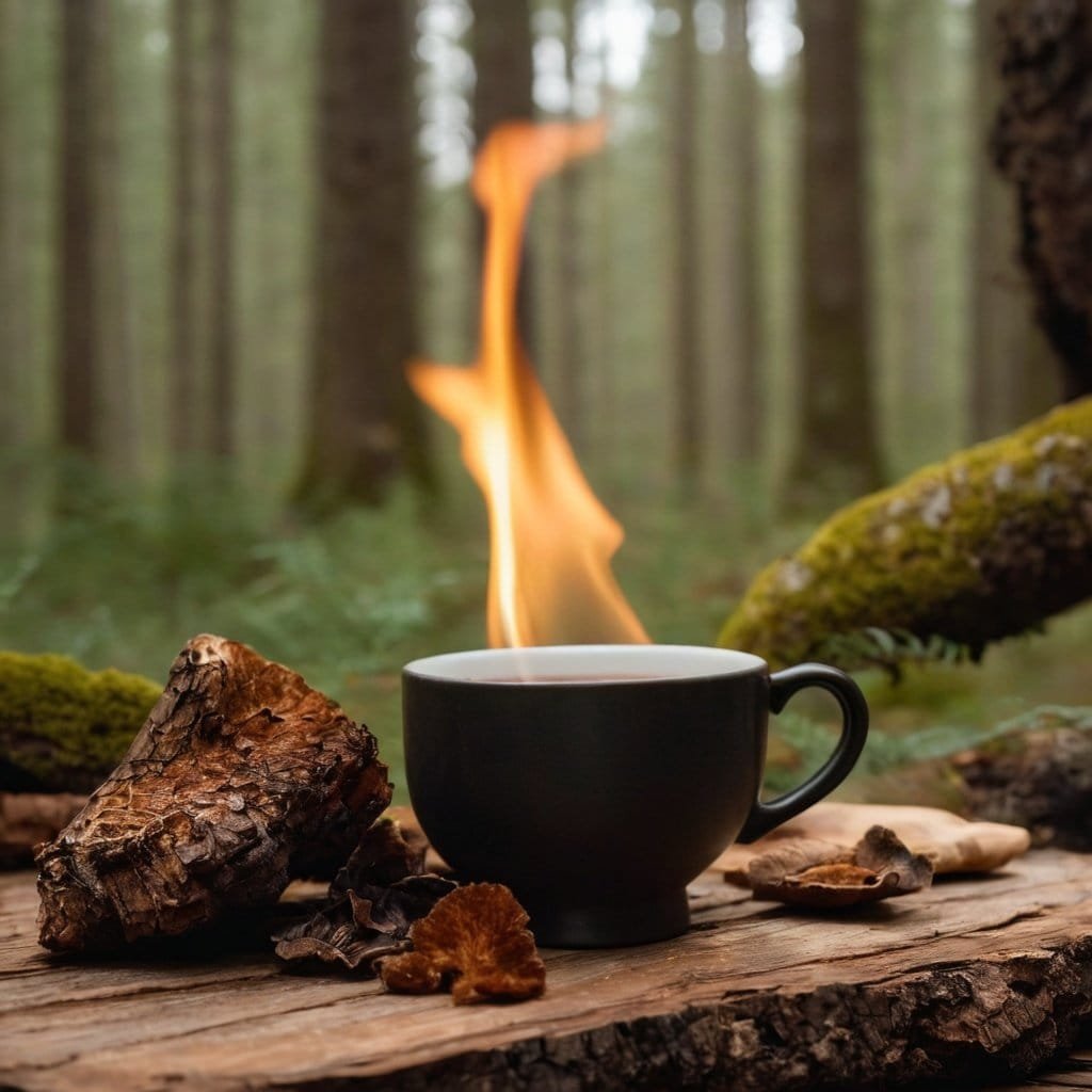 Copa de Cola de Caballo en un entorno forestal con fuego y madera, ideal para relajarse en la naturaleza y disfrutar de un momento tranquilo en el bosque.