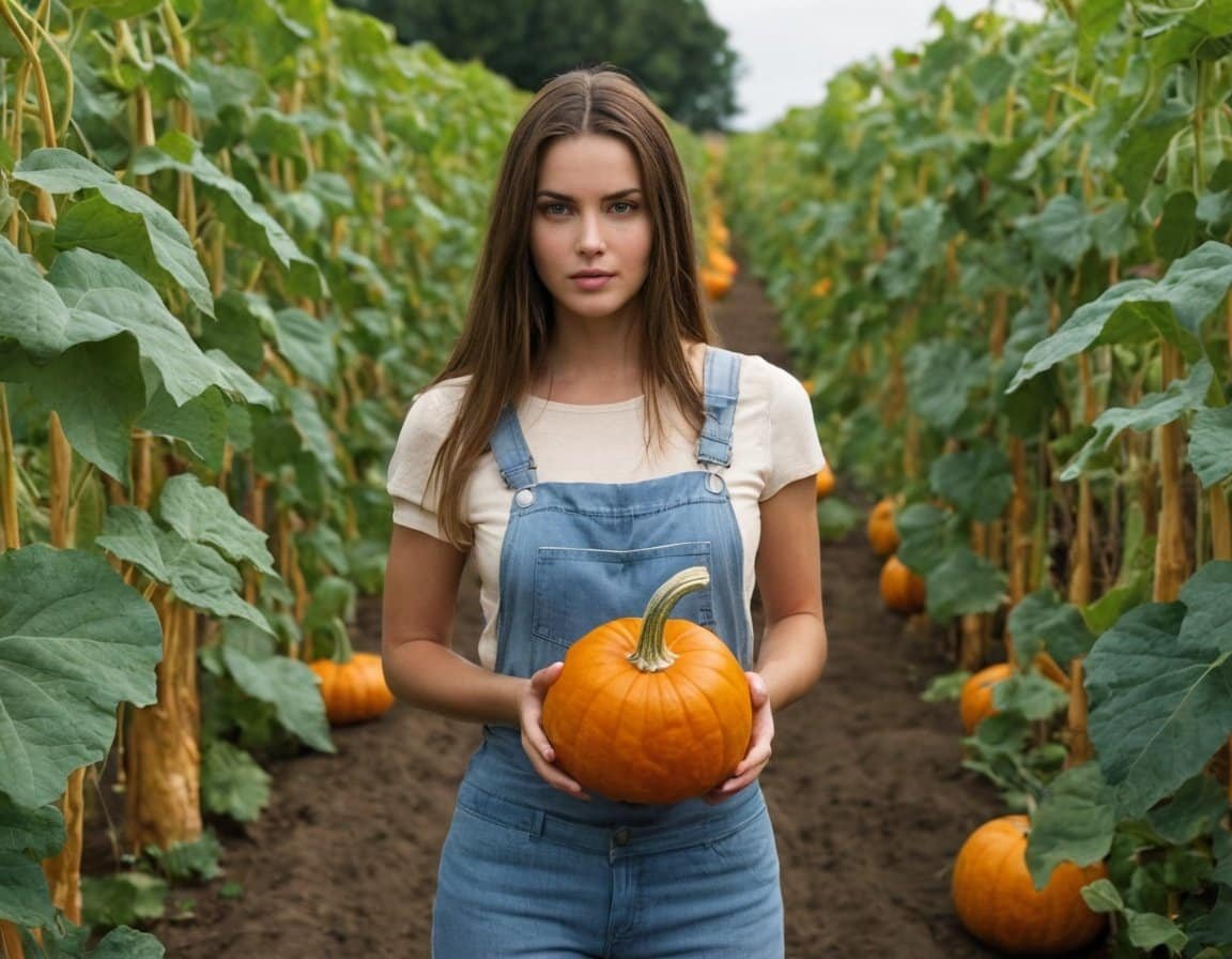 Calabaza naranja en mano, campo de calabazas en fondo, agricultura de otoño, cosecha de calabaza, mujer en huerto de calabazas, producción agrícola en invierno, fruticultura sostenible, cultivo de temporada, verdura fresca de campo, agricultura ecológica, Regrossa.com, imagen de cosecha agrícola, naturaleza y agricultura, frescura y calidad de productos agrícolas, campo de calabazas natural, vida rural y agricultura sostenible.