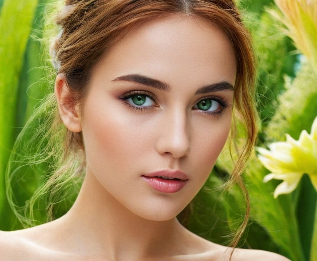 Retrato de mujer joven con piel perfecta y ojos verdes, rodeada de naturaleza y flores en un entorno natural y armonioso.