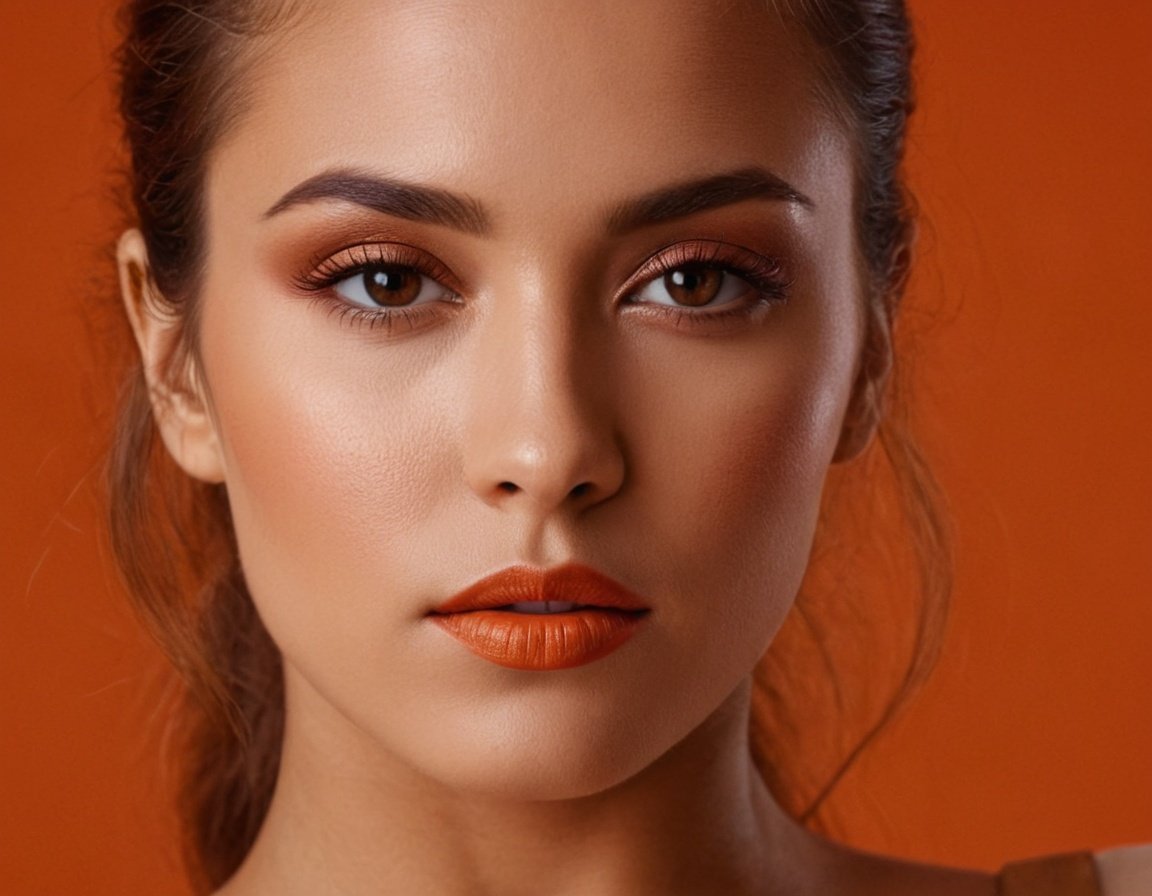 Rostro de mujer joven con maquillaje facial natural, piel perfecta y expresión segura en fondo naranja.