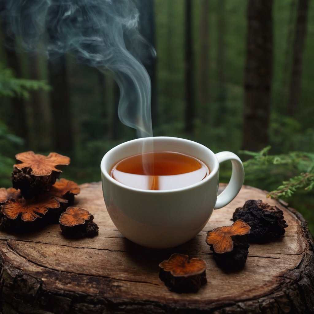 Taza de infusión de Chaga en un entorno forestal, rodeada de trozos de hongo Chaga sobre un tronco, resaltando sus beneficios para la salud y su uso en remedios naturales.