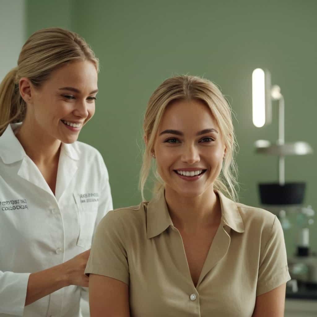 Sonriente mujer en clínica dentista viendo su reflejo en espejo, atención odontológica, sonrisa perfecta, cuidado dental, estética oral, corrección dental.