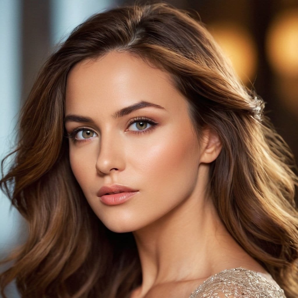 Imagen de mujer con cabello castaño, ojos claros y piel perfecta, estilo elegante, ideal para productos de belleza y cuidado del cabello.