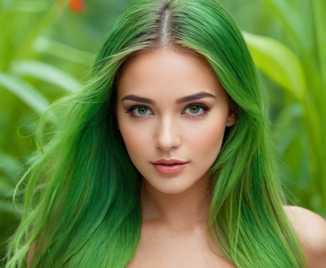Cabello verde brillante, mujer joven con ojos verdes en un entorno natural de vegetación exuberante.