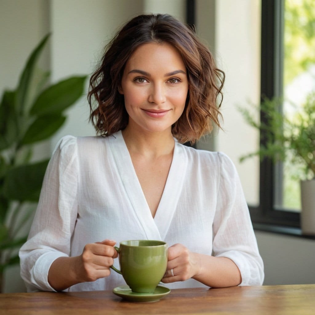 Imagen de una mujer sonriendo, sosteniendo una taza de té de Banaba, en un ambiente natural y relajado, promoviendo los beneficios de la planta para regular la glucosa en sangre.