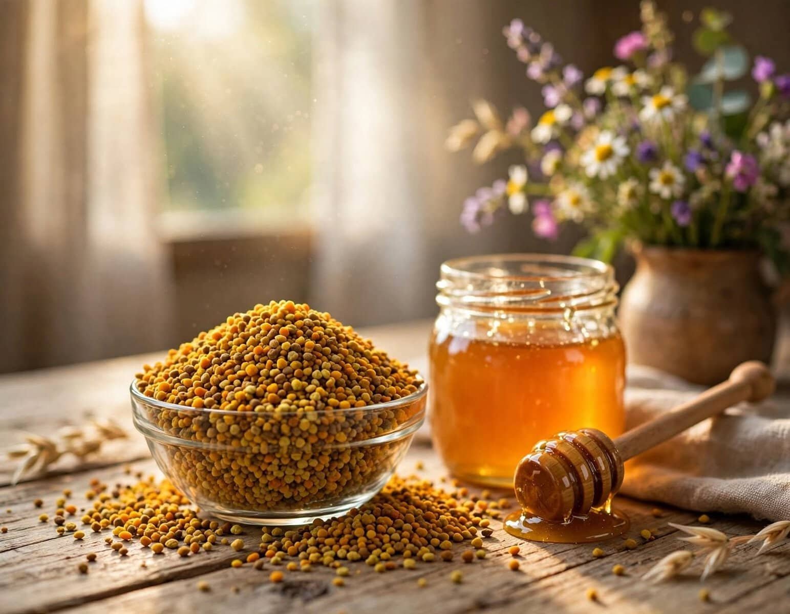 Polen de abeja en un bol de cristal con miel y un peine de madera, en un ambiente natural y cálido, ideal para un artículo sobre superalimentos naturales.