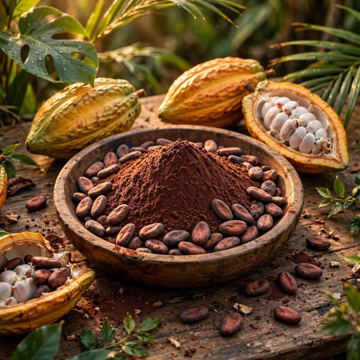 Cacao crudo en polvo y semillas de cacao en un cuenco de madera, rodeado de vainas abiertas y hojas verdes, en un entorno natural y tropical.
