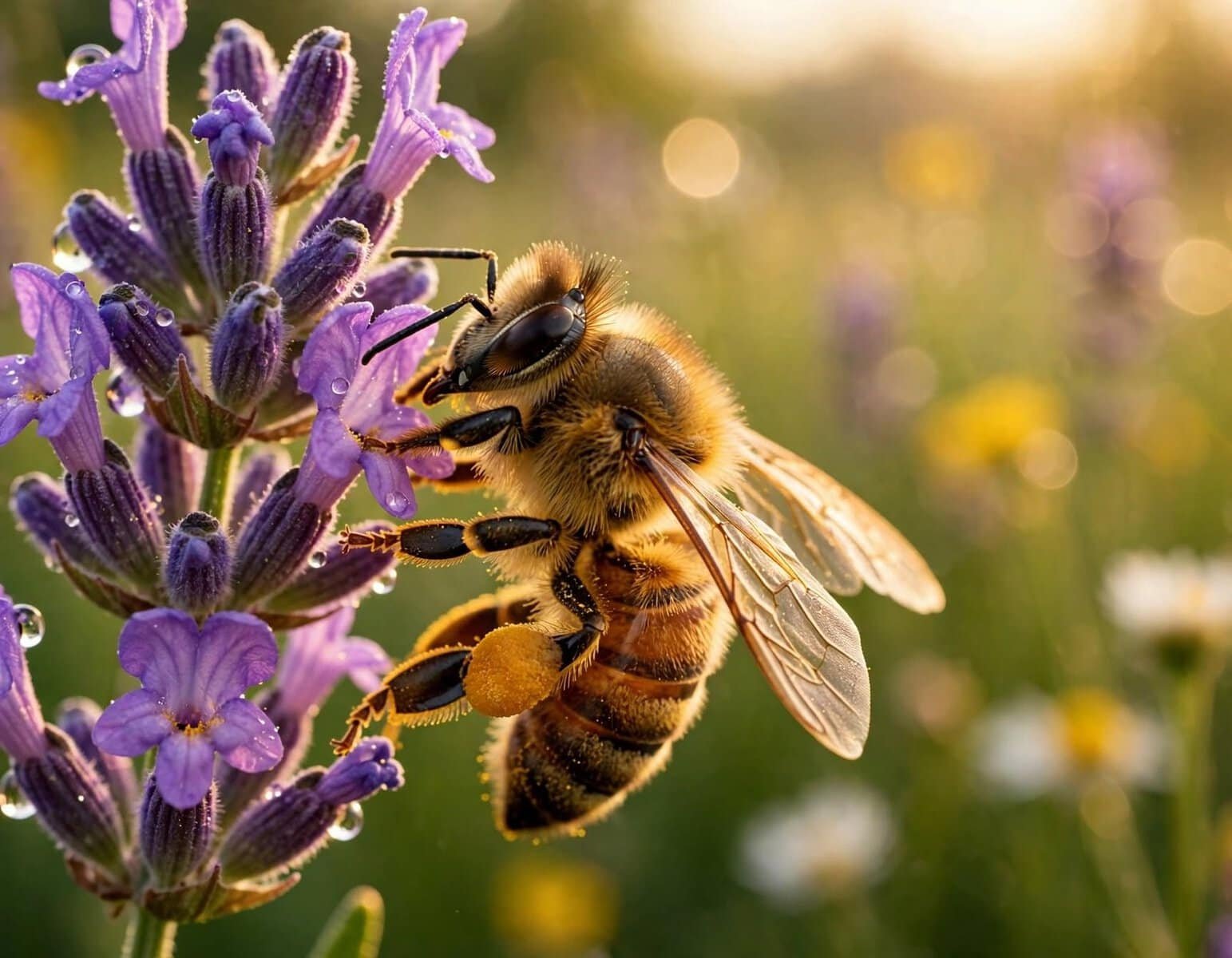 Abeja recolectando néctar de flores de lavanda en un campo natural, destacando la importancia de las abejas para la polinización y la producción de miel.