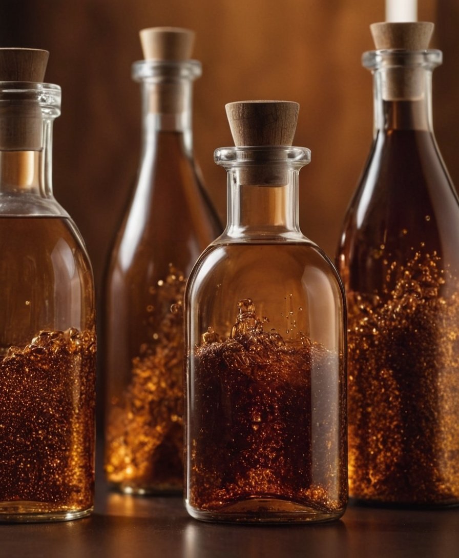 Botellas de vidrio con líquidos dorados, elegantes y decorativas, ideales para aceites y preparados artesanales en cocina gourmet.