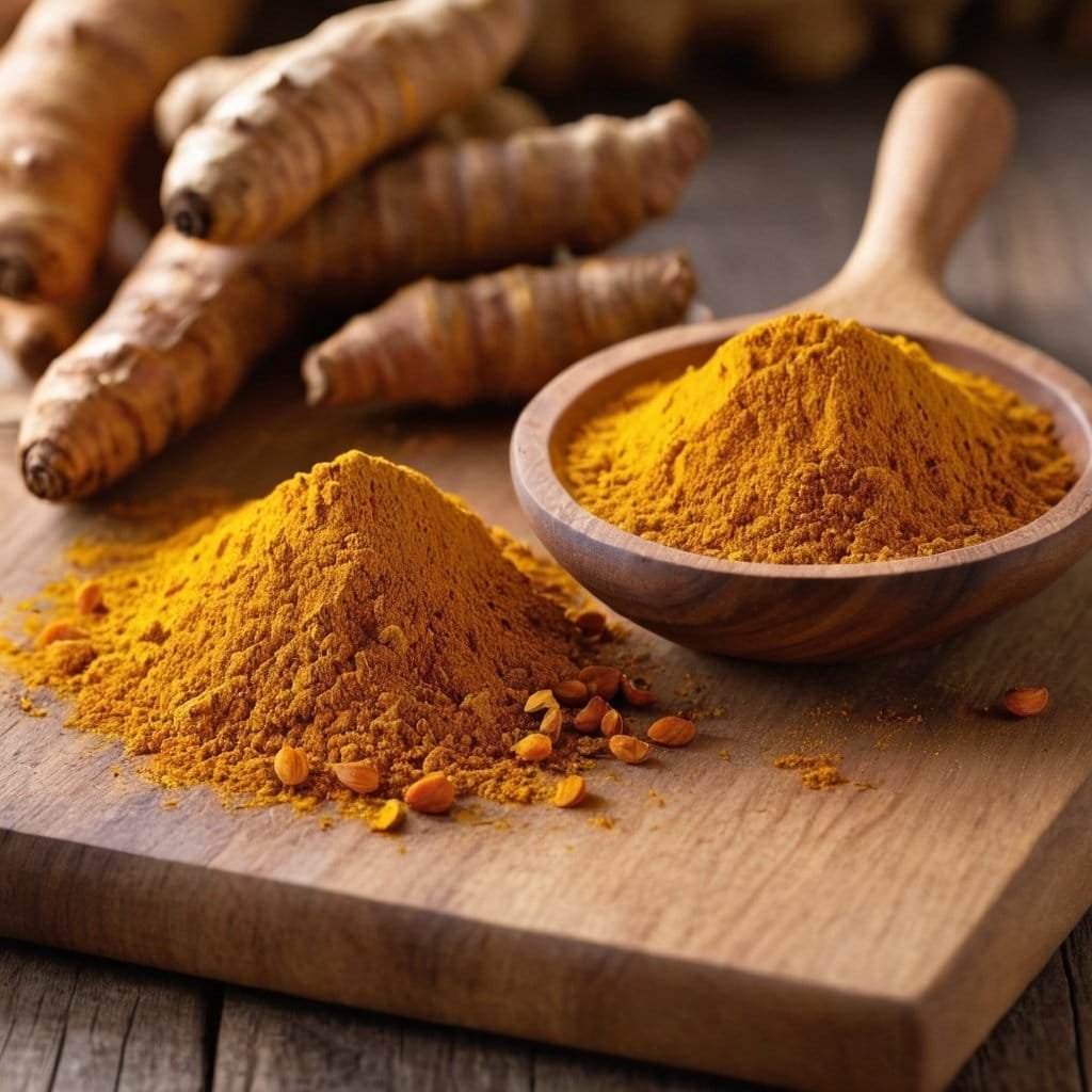 Imagen de cúrcuma en polvo dorada en un cuenco de madera, con raíces de cúrcuma frescas al fondo, destacando sus beneficios para la salud y su uso en la cocina saludable.