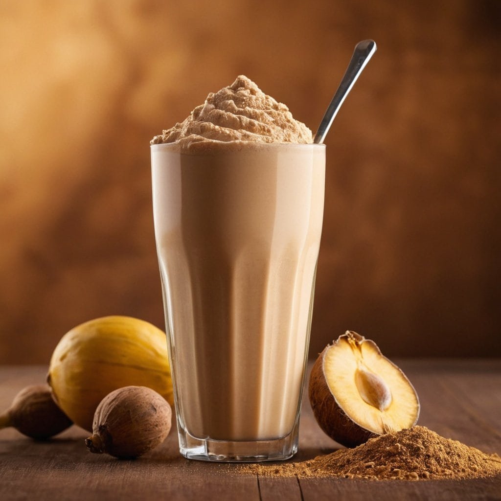 Batido de maca peruana en polvo en vaso alto, acompañado de frutas y polvo de maca en un fondo cálido, ideal para potenciar energía y vitalidad natural.