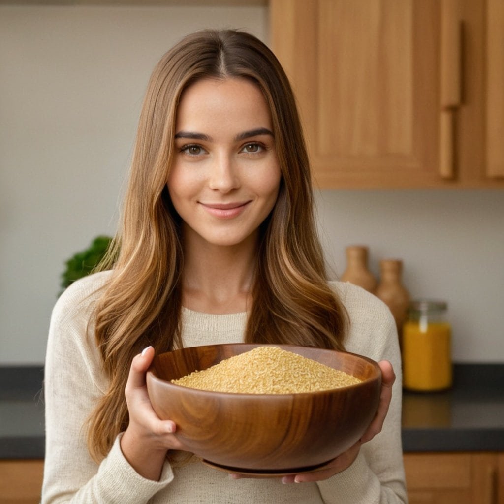 Mujer sosteniendo un tazón con levadura de cerveza en un entorno de cocina, destacando sus propiedades y beneficios para la salud y la alimentación.