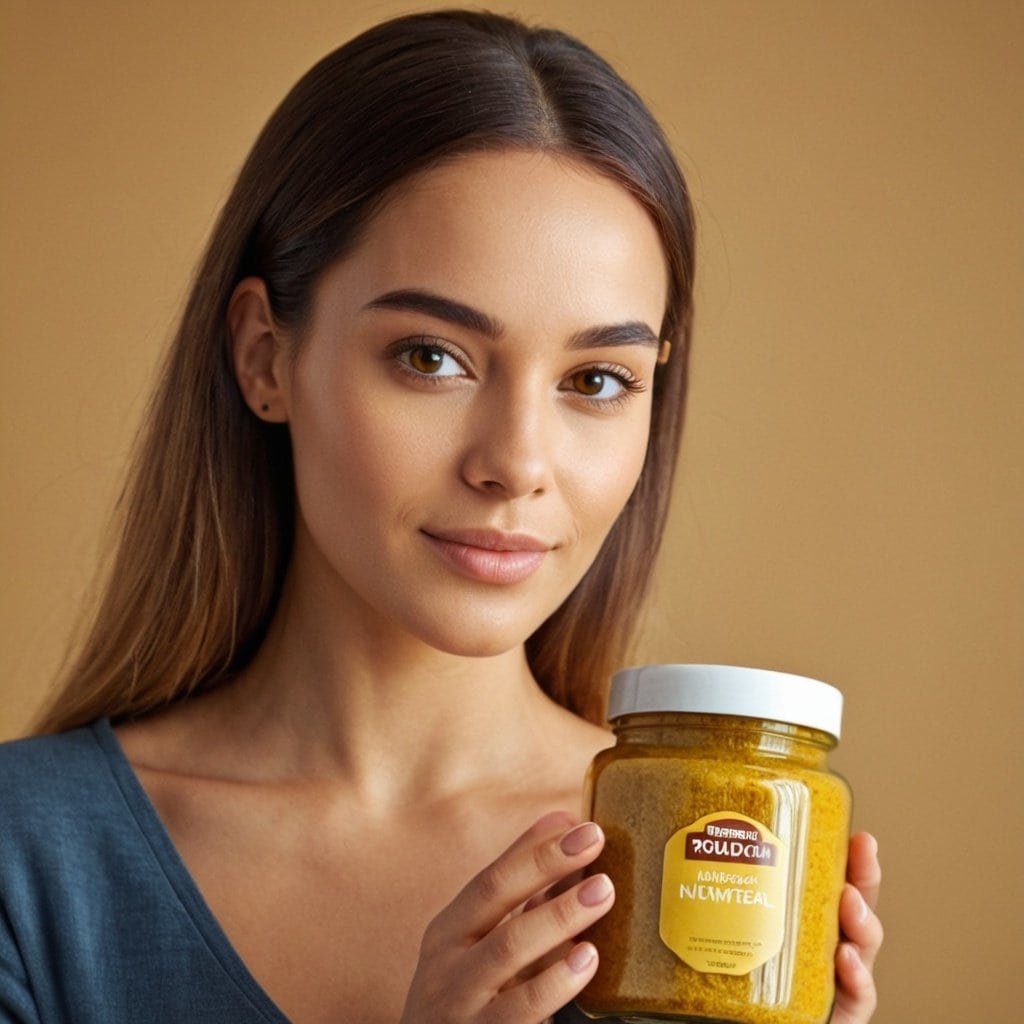 Imagen de una joven sosteniendo un frasco de levadura de cerveza en polvo, destacando sus propiedades nutritivas y beneficios para la salud.