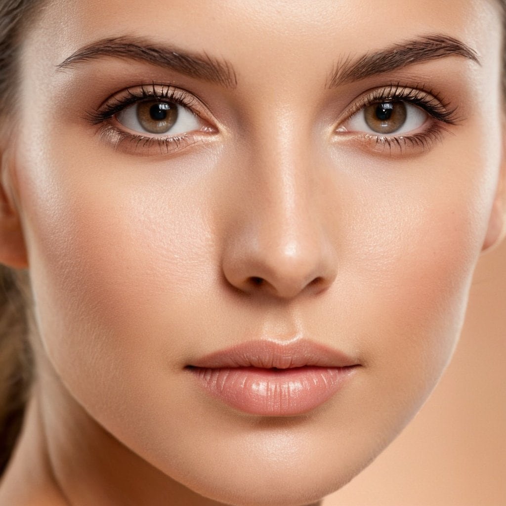 Rostro de mujer con piel perfecta, maquillaje natural y expresión relajada, enfoque en belleza y cuidado facial, imagen de alta calidad para productos de cosmética y estética.