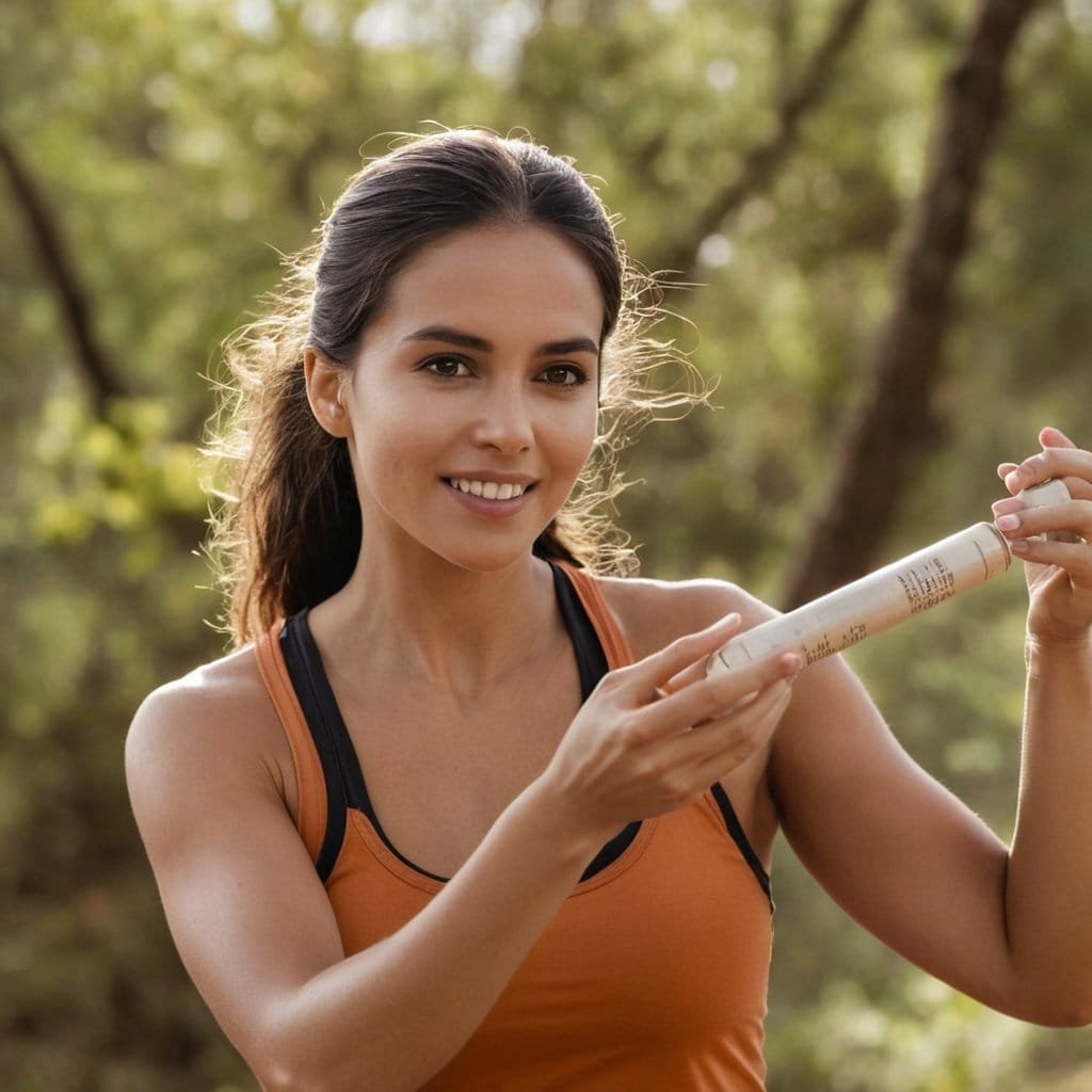 Crema solar protección piel ejercicio al aire libre mujer sonriendo.