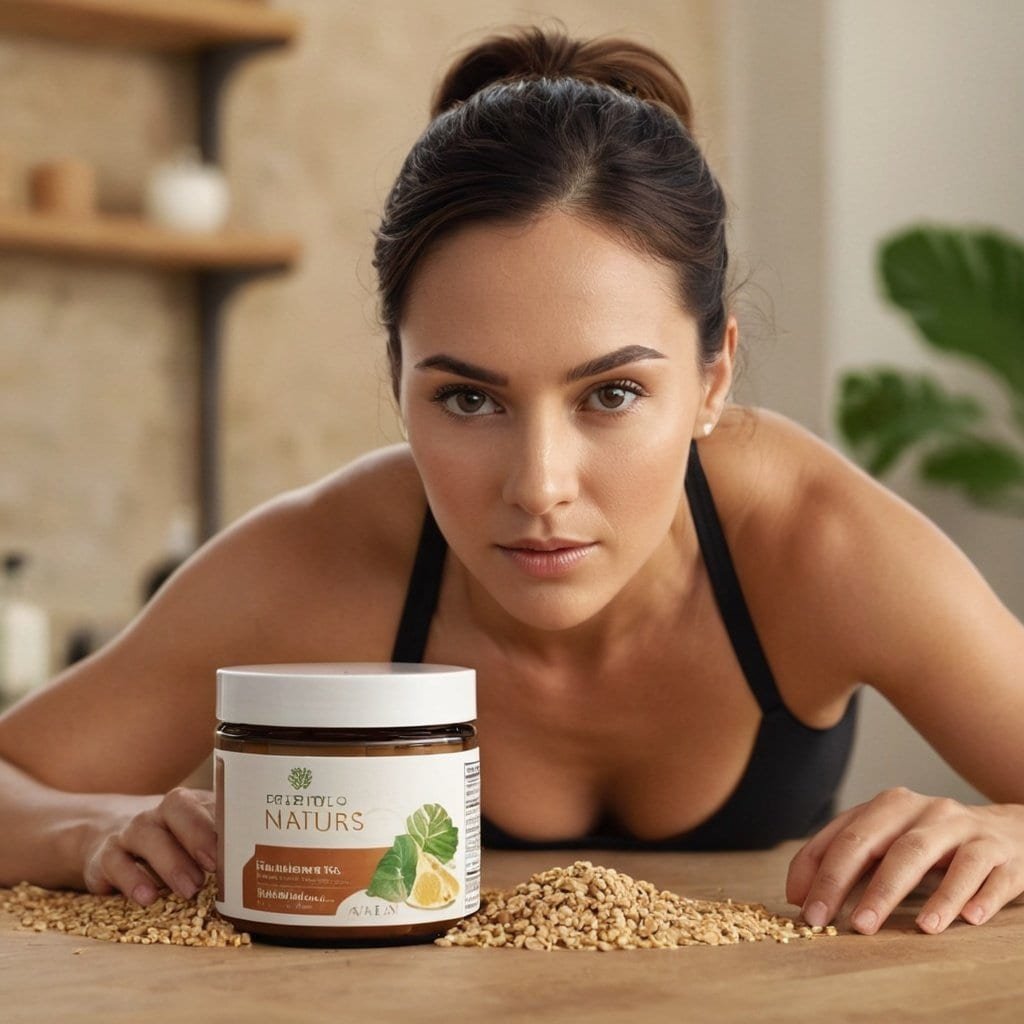 Mujer con rostro concentrado junto a un frasco de producto natural para bienestar y salud, rodeada de ingredientes naturales en un ambiente acogedor.