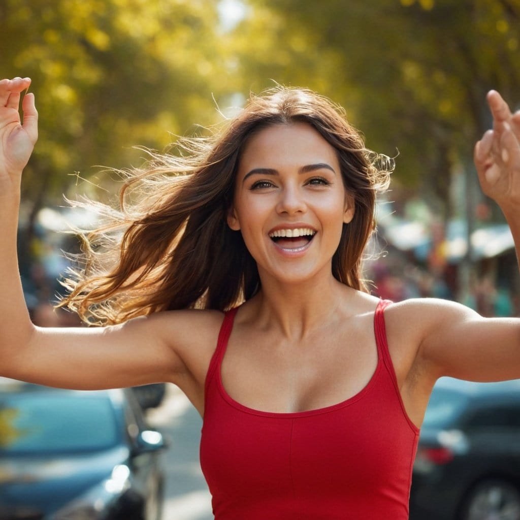 Chica feliz disfrutando del aire libre en un día soleado al aire libre.