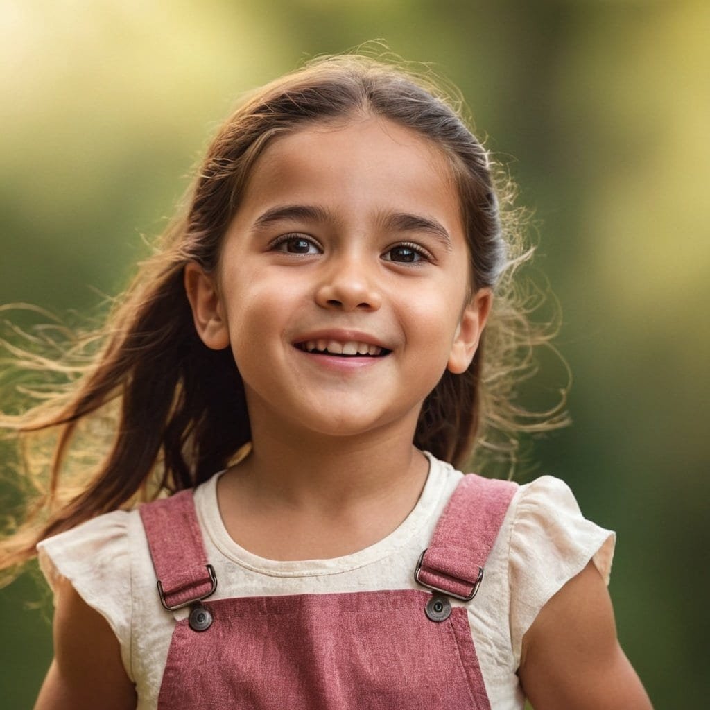 Niña sonriendo al aire libre con fondo natural, modelo de sonrisa feliz y expresión inocente, en un entorno de naturaleza y luz suave, ideal para imágenes relacionadas con felicidad infantil y bienestar.