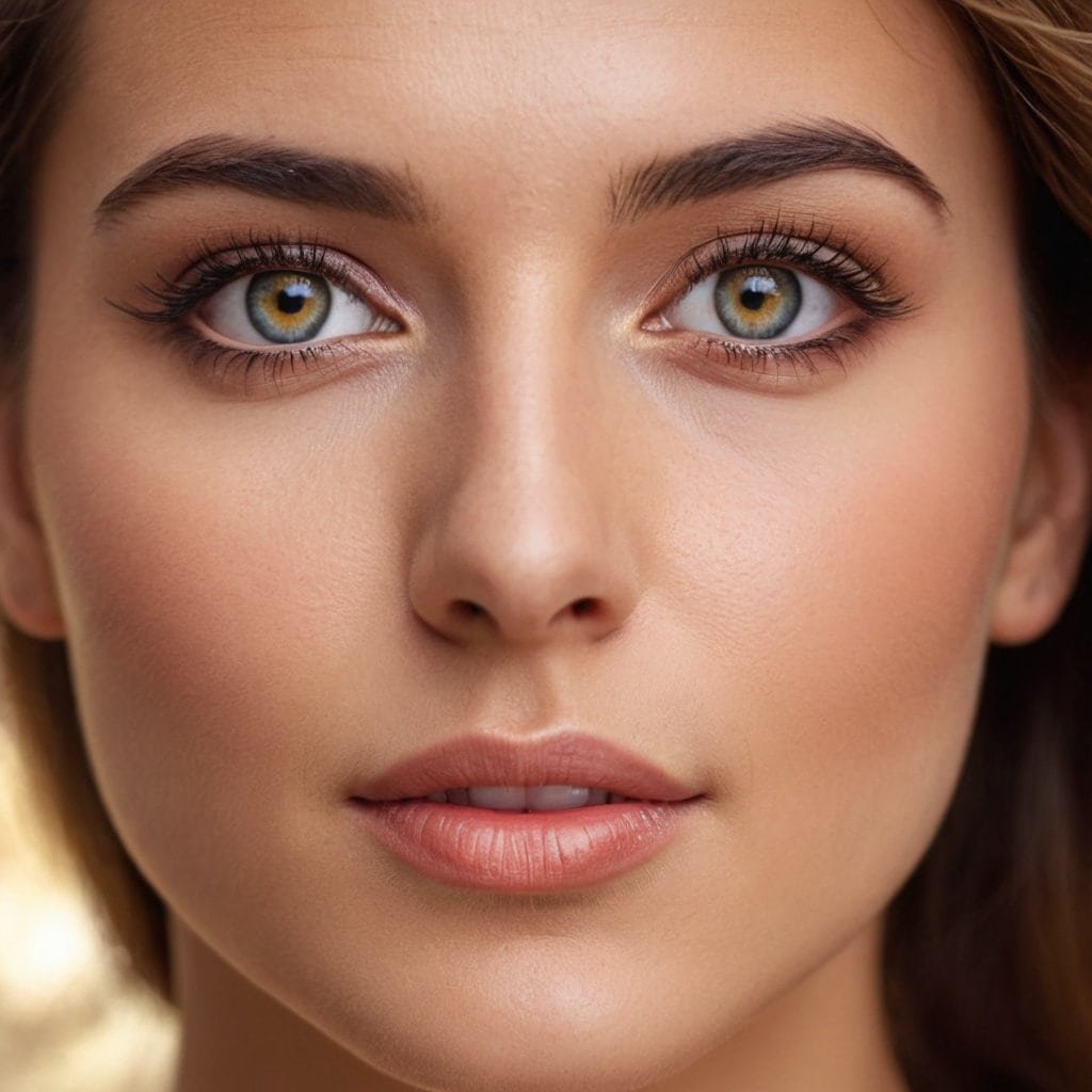 Ojos azules con larga máscara de pestañas y cejas bien definidas en primer plano, belleza natural y maquillaje suave, rostro femenino, calidad de imagen premium, enfoque nítido, fondo difuminado.