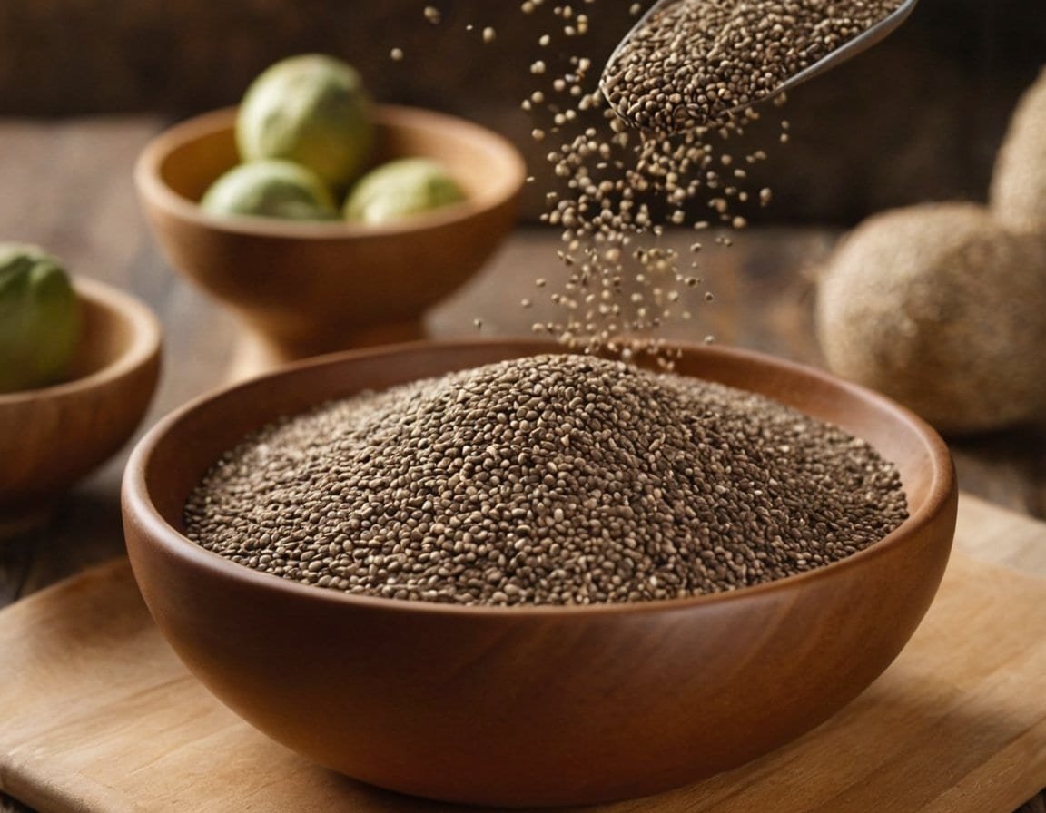 Semillas de chía en cuenco de madera en una composición natural.