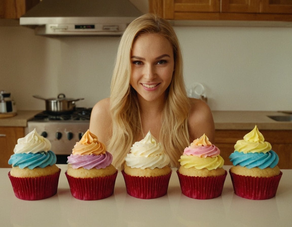 Dulces cupcakes de colores con una mujer sonriendo en una cocina moderna.