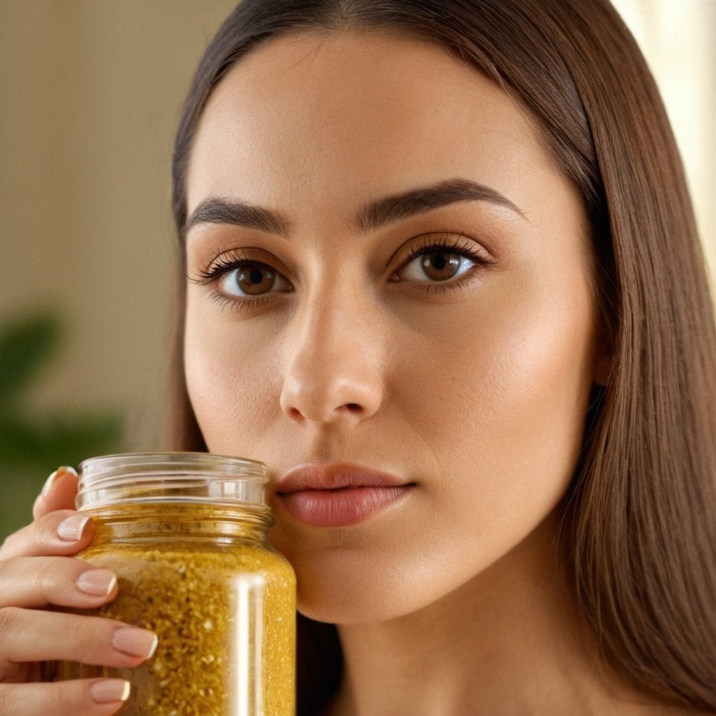 Mujer con piel clara y cabello castaño sosteniendo un frasco de levadura de cerveza, promoviendo sus beneficios para la salud y la belleza.