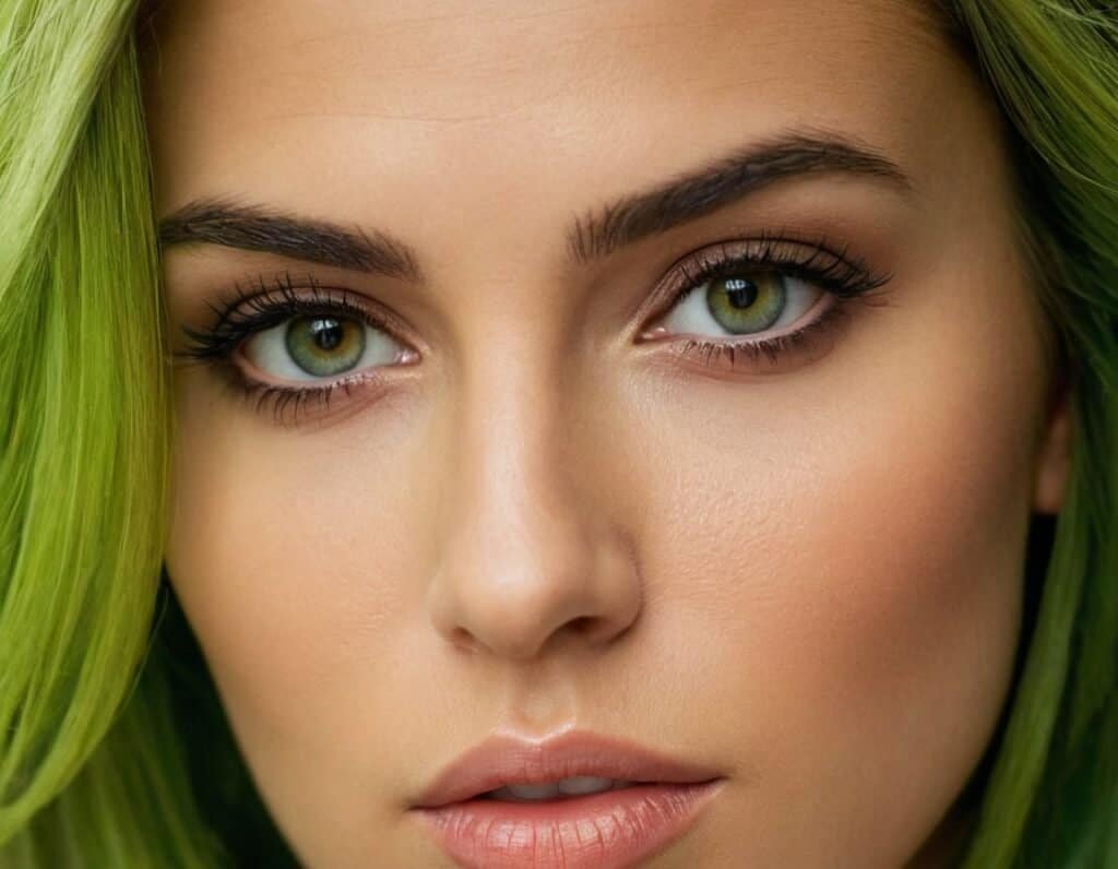 Ojos verdes brillantes, belleza natural, cuidado de la piel y belleza en imagen de primer plano.