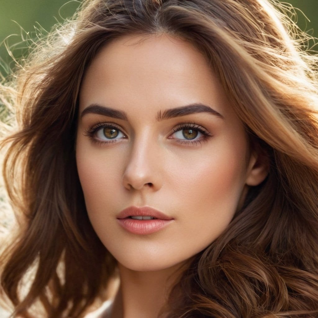 Pelo largo y rizado, belleza natural, piel perfecta, maquillaje suave, retrato de mujer joven, cabello saludable, estilo elegante, fotografía de belleza, moda y cuidado personal, belleza natural.
