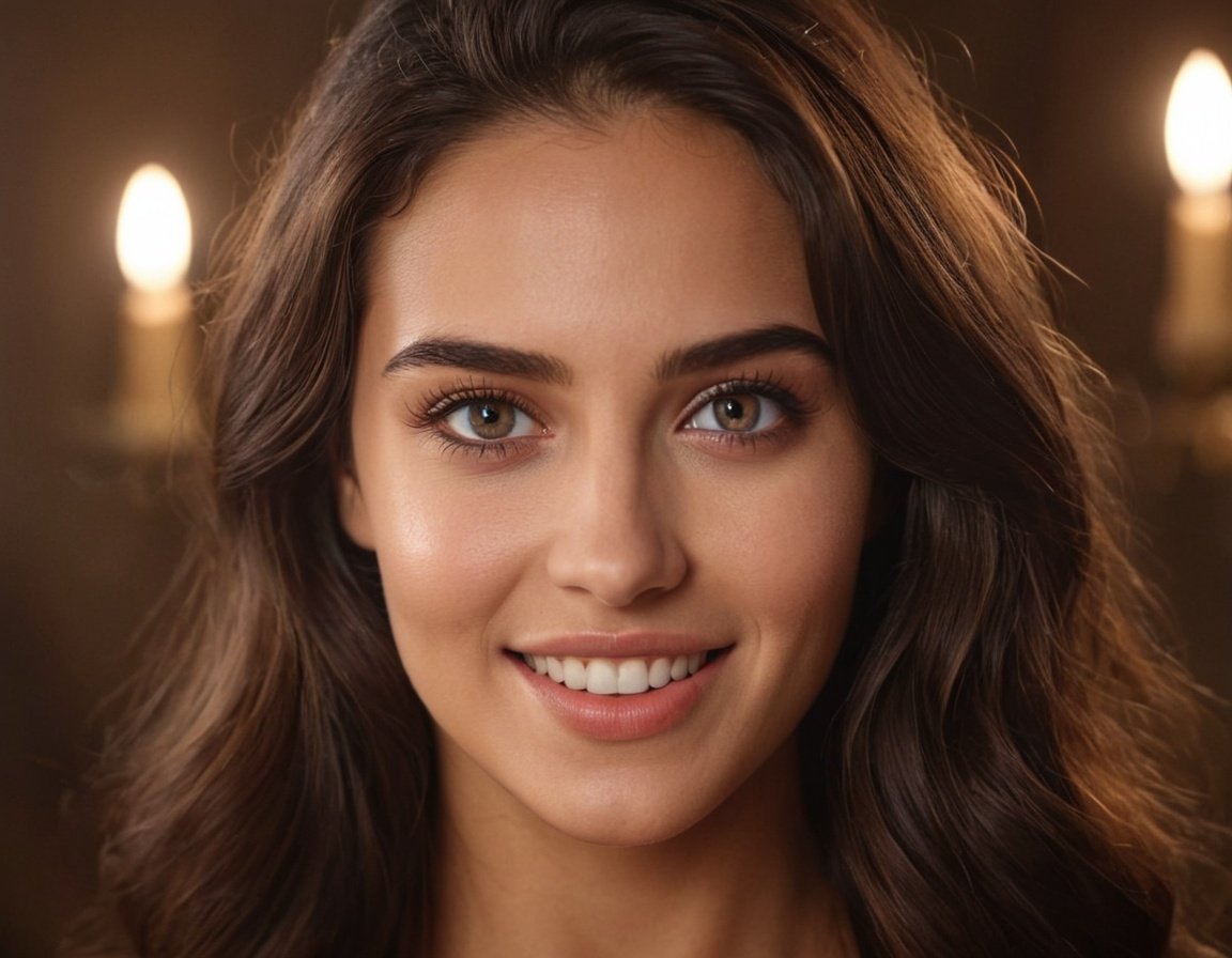Sonriente joven mujer con cabello rizado y ojos claros en ambiente cálido con velas.
