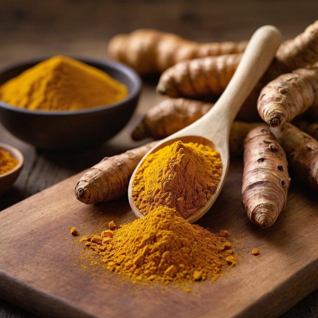 Cúrcuma en polvo y raíz fresca, ingredientes naturales para potenciar la salud y el bienestar, ideales en la dieta diaria y en remedios naturales.