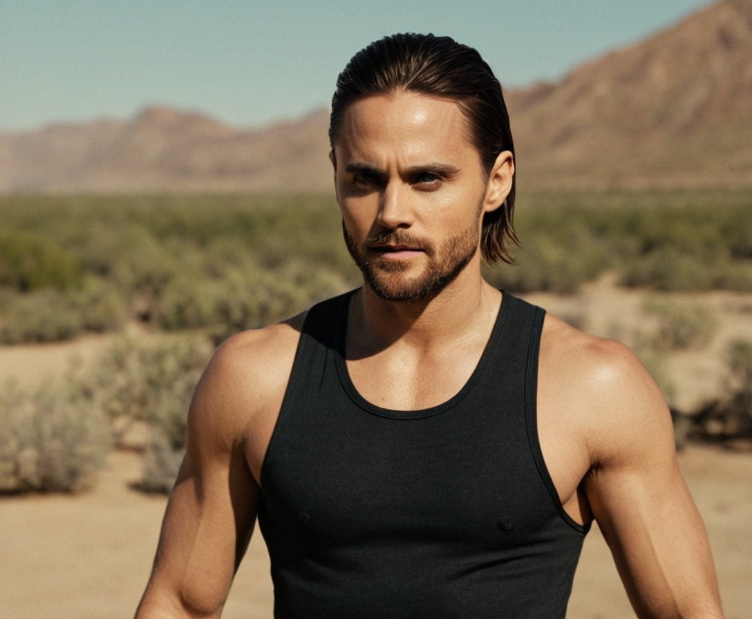 Persona atractiva en paisaje desertico con camiseta sin mangas negra, estilo moderno y saludable.