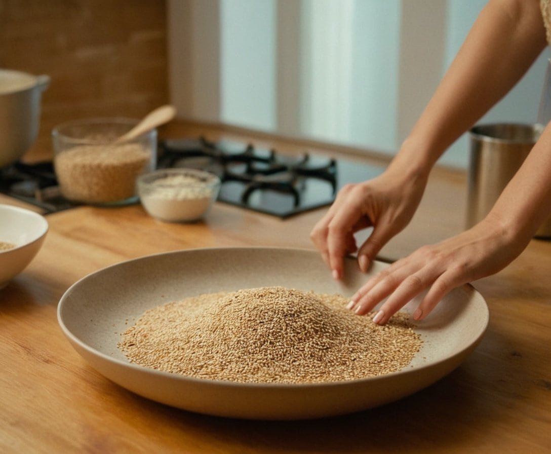 Cosechando semillas en una cocina moderna, preparación de ingredientes naturales para recetas saludables y nutritivas en un ambiente acogedor y ordenado.