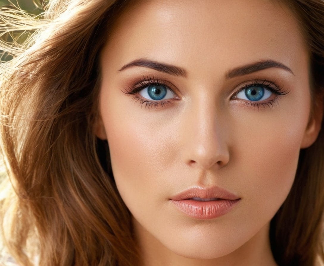 Rostro de mujer joven con piel perfecta y expresión natural, enfoque en ojos azules y cabello castaño, belleza y cuidado de la piel, estética facial, tratamiento de belleza, cuidado personal.