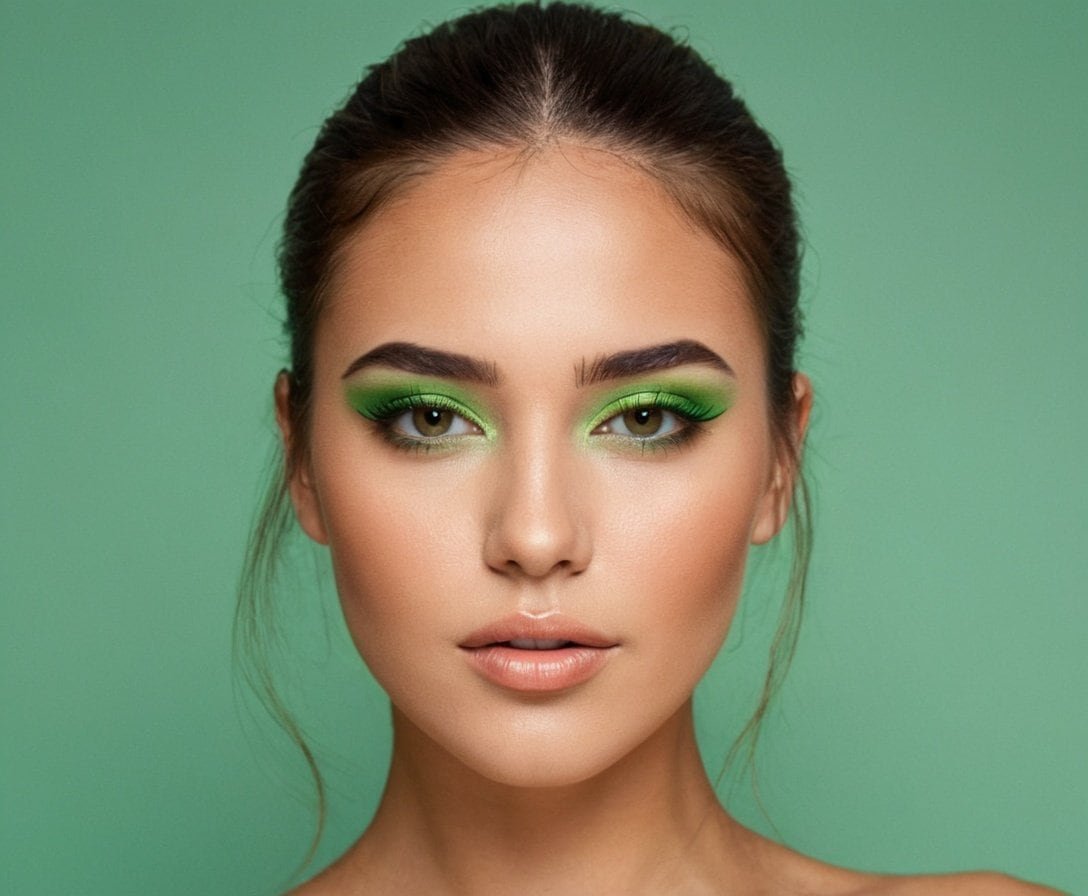 Maquillaje con sombras verdes vibrantes y delineado impecable en ojos de mujer joven rubia con piel perfecta en fondo verde suave.