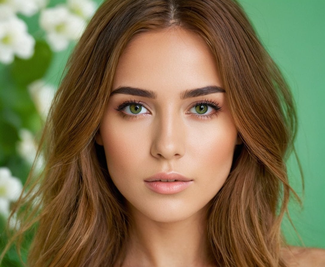 Piel radiante y natural con atractivo cabello castaño y ojos verdes, en un entorno primaveral.
