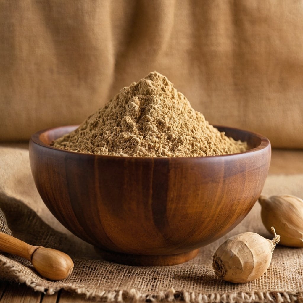 Imagen de polvo de maca peruana en un tazón de madera, rodeado de raíces de maca, ideal para potenciar energía y vitalidad según el post "Maca Peruana: Superalimento para Energía y Vitalidad".