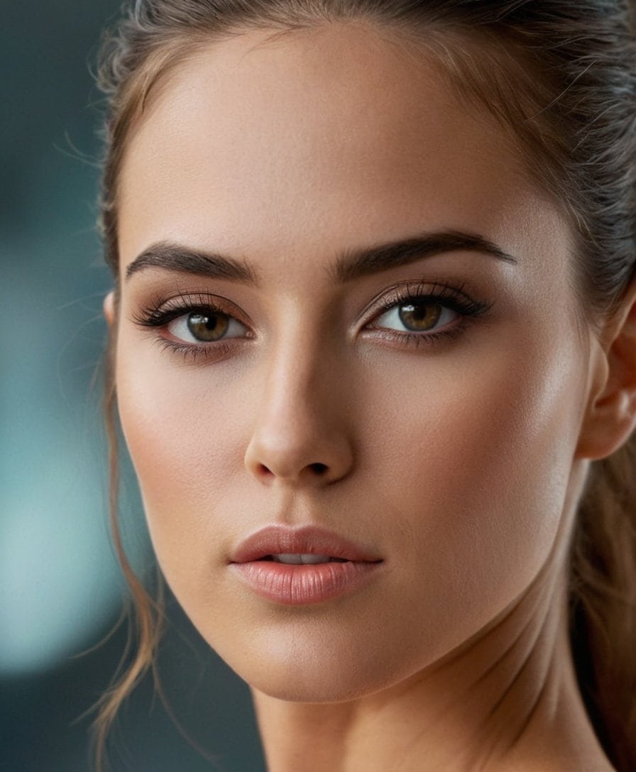 Rostro de mujer joven con piel perfectamente cuidada, mirada seductora y maquillaje natural, imagen de belleza y cuidado personal.