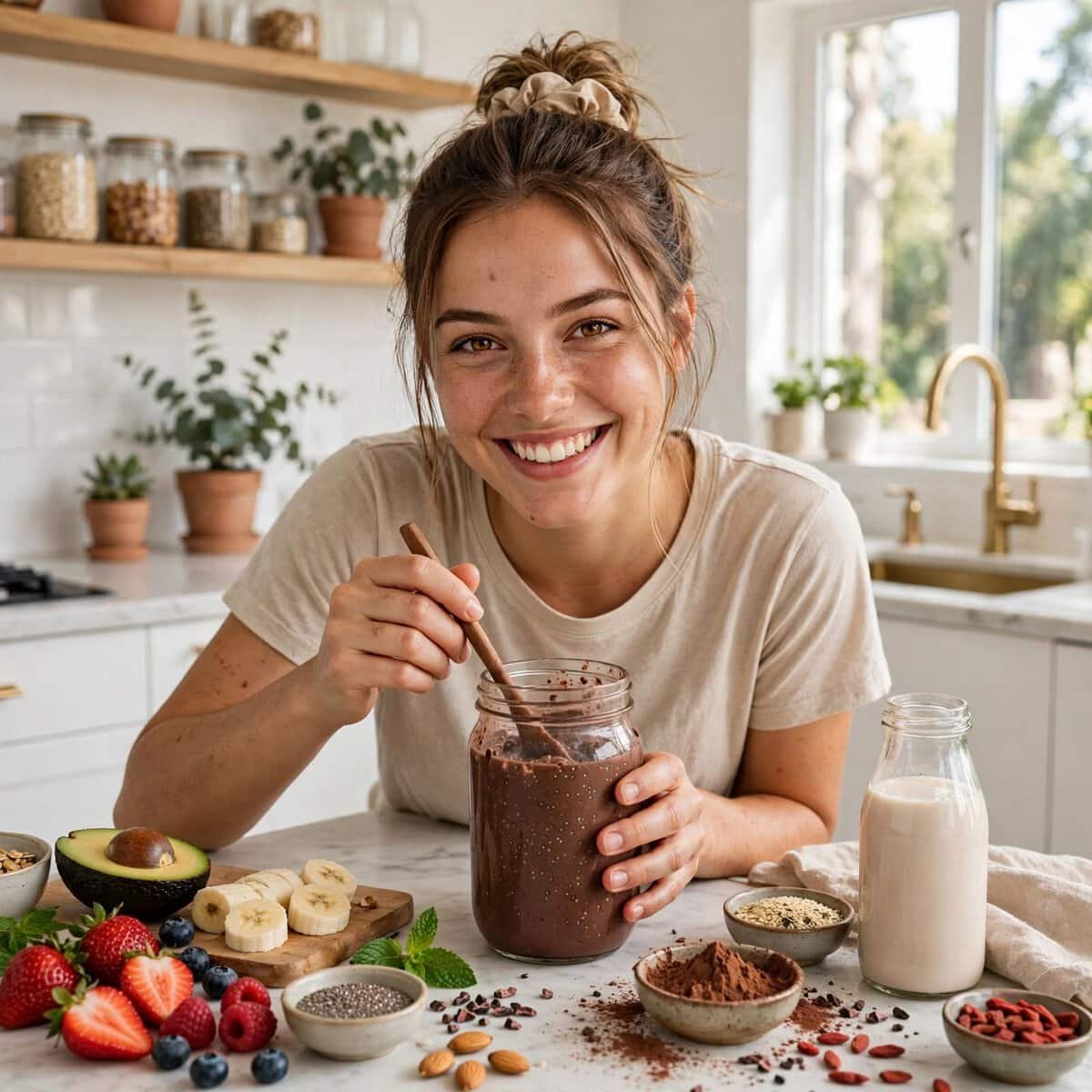 Mujer sonriendo en la cocina con un batido de cacao crudo, rodeada de frutas, semillas y cacao en polvo, promoviendo un estilo de vida saludable y energético.