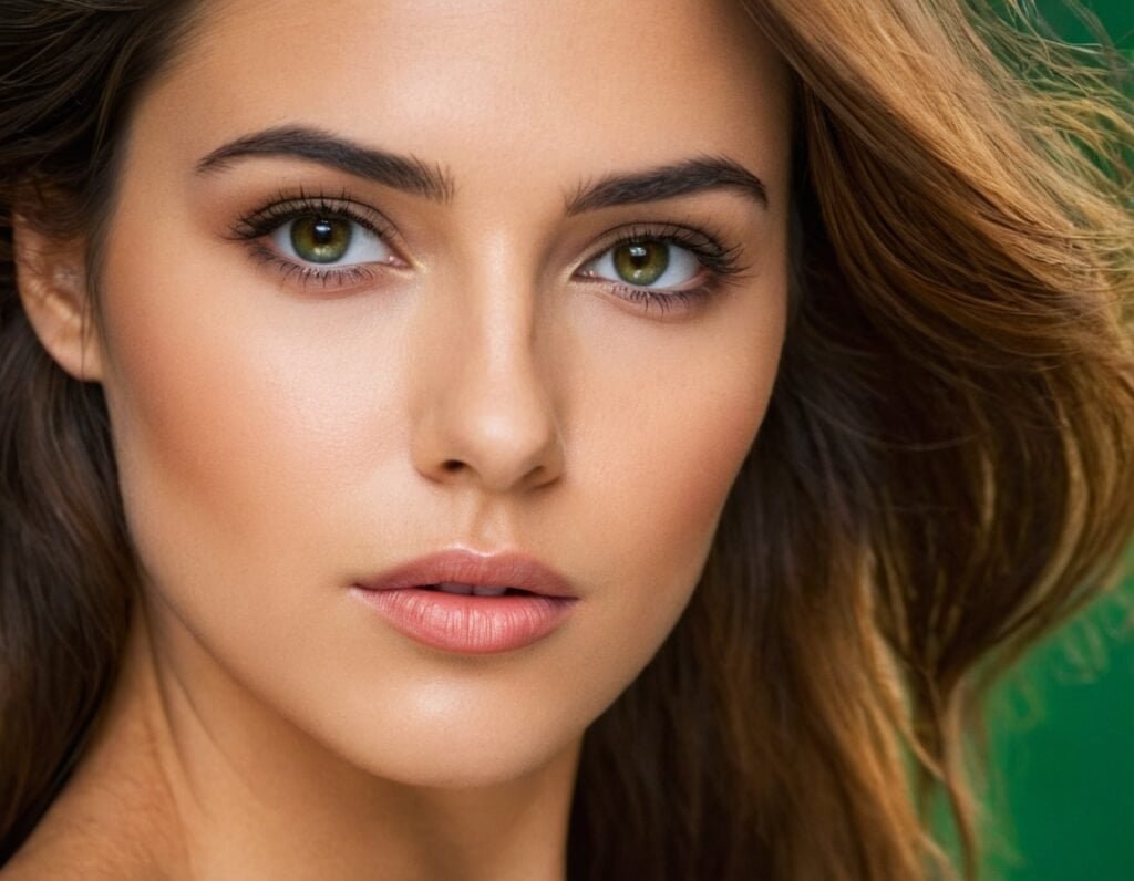 Mujer con piel perfecta y cabello largo, destaca en belleza y cuidado facial, concepto de cosmética natural y tendencias en productos de belleza, imagen de calidad y estética femenina.