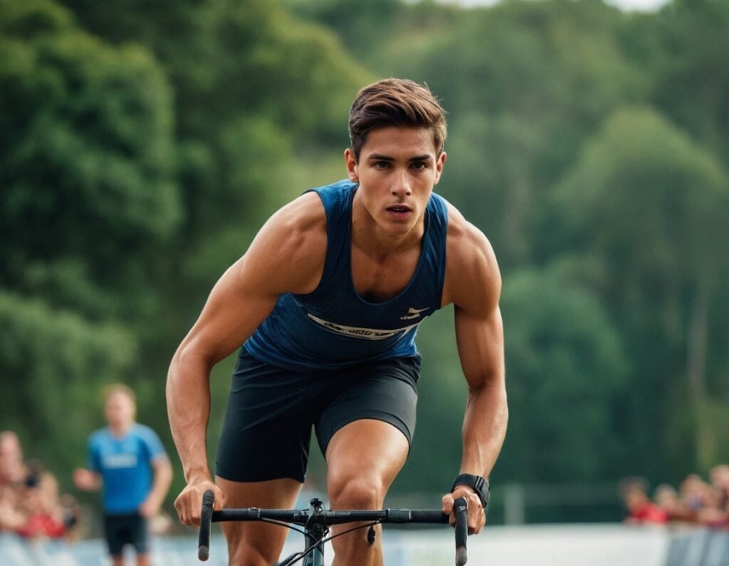 Atleta joven en carrera de ciclismo en exteriores, deporte en naturaleza, esfuerzo físico, entrenamiento, competición deportiva.
