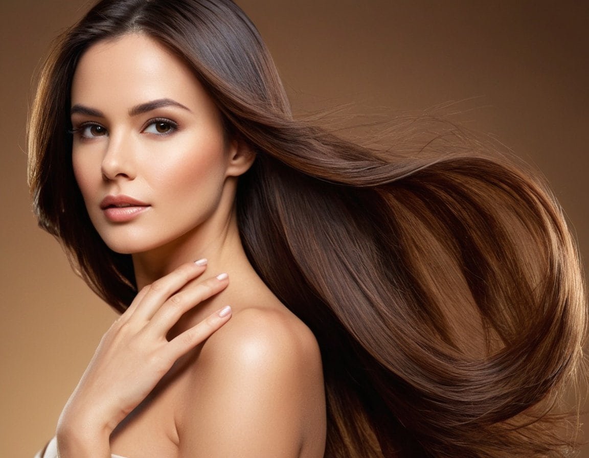 Mujer joven con cabello largo sedoso y brillante gracias al aceite de semilla de lino omega-3 para belleza natural