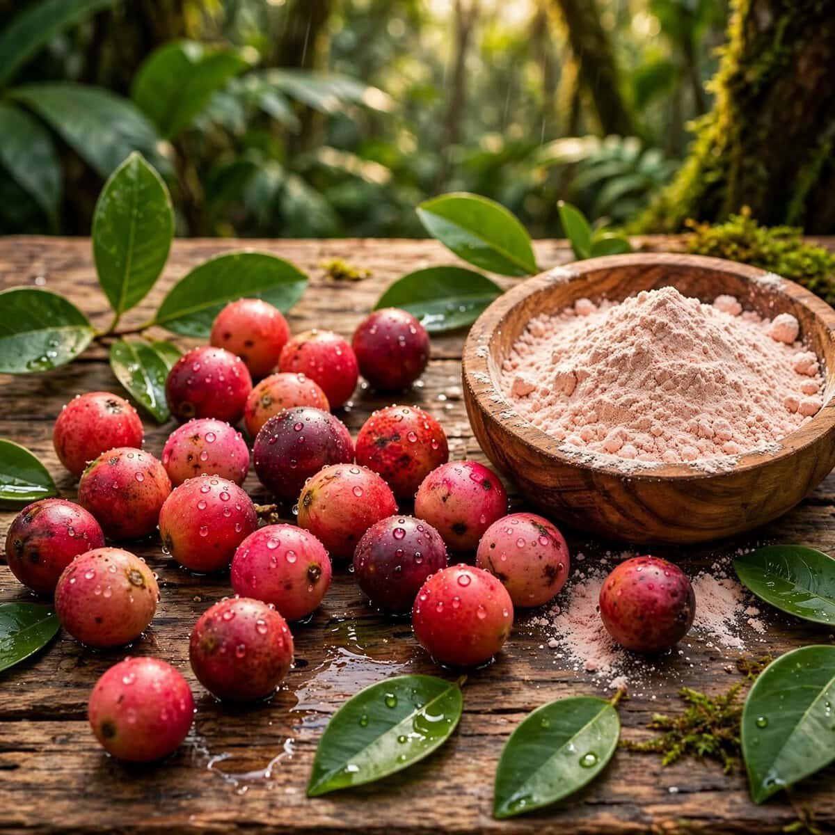 Camu Camu frescos y polvo en un entorno natural de selva amazónica, resaltando su valor nutricional y vitamina C en un ambiente selvático.