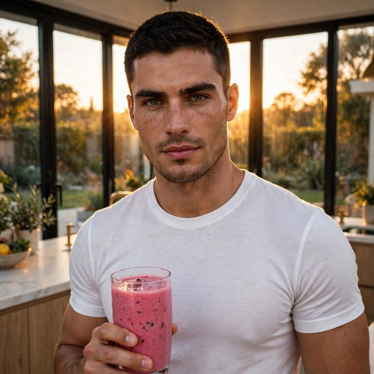 Joven sosteniendo un batido de color rosa en un ambiente interior con ventanas y vista al atardecer.