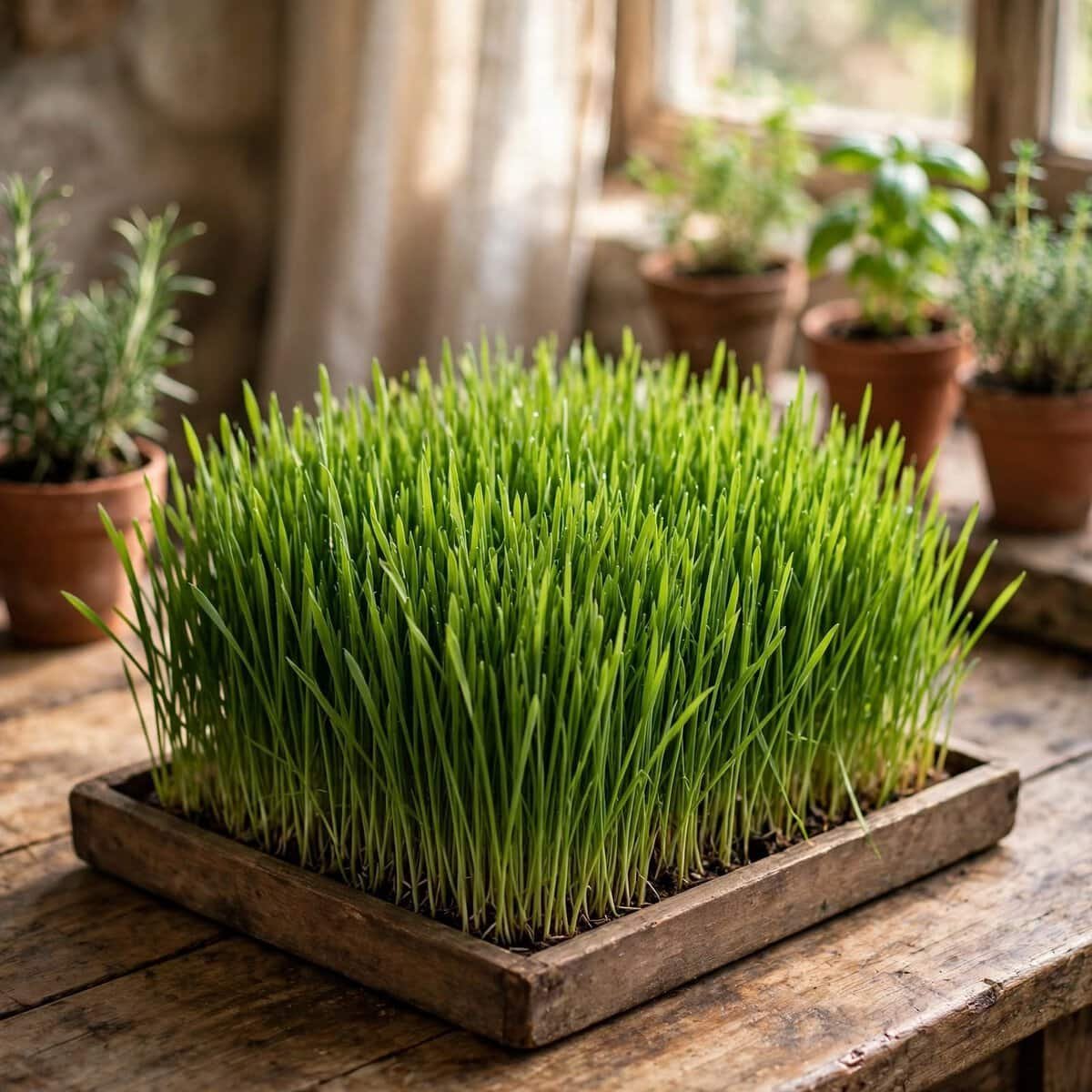 Jardín interior con bandeja de hierba de trigo fresca y saludable en macetas de barro, ideal para potenciar la salud y la nutrición natural.