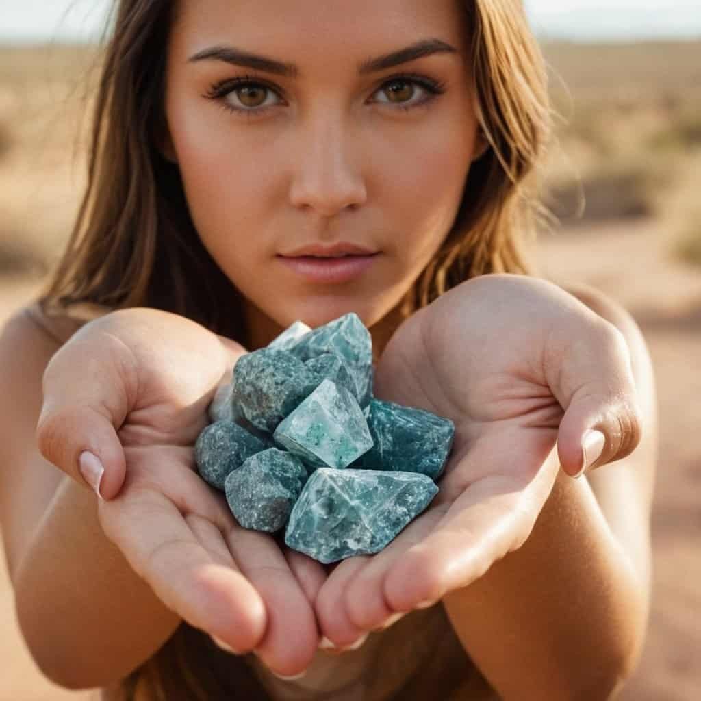Minerales de jade en manos de mujer en paisaje desértico, promoción de joyería y terapias con piedras naturales, bienestar y sanación con minerales, colección de gemas verdes, regalo de cristales.