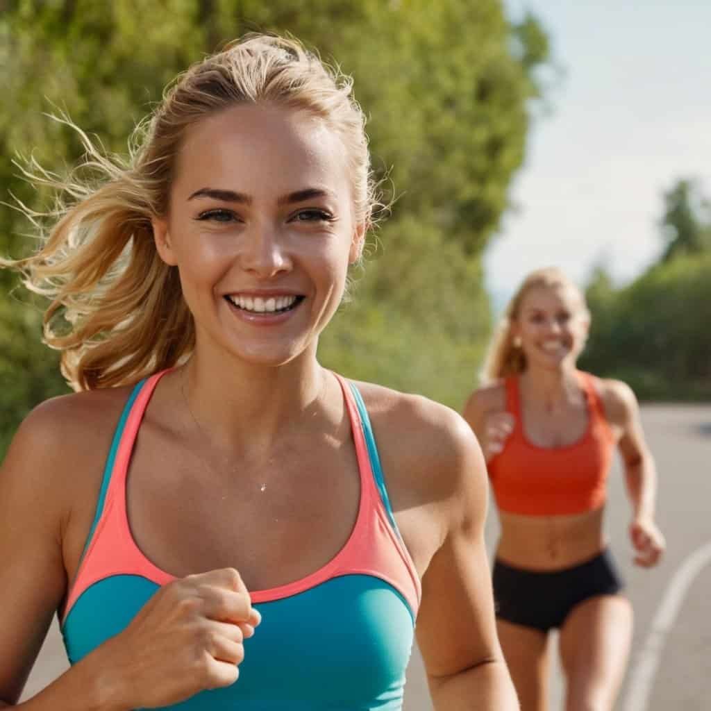 Mujer corriendo al aire libre en ropa deportiva, sonriendo y disfrutando de la actividad física en un ambiente natural y saludable.