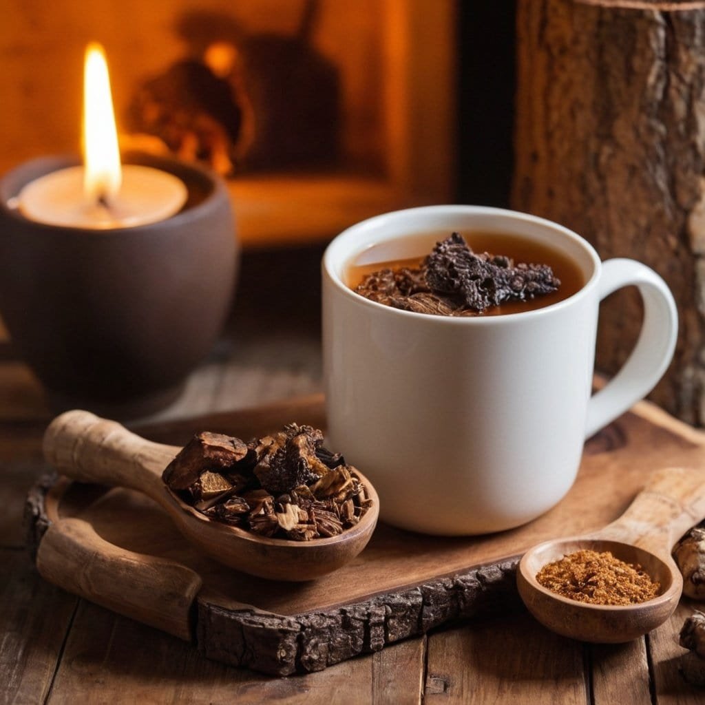 Taza de infusión de Chaga con trozos de hongo Chaga en un ambiente cálido y acogedor, ideal para disfrutar de sus beneficios para la salud.