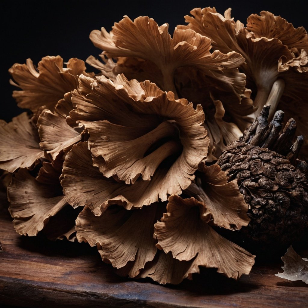 Imagen de setas Maitake frescas y secas, destacando su textura y forma en un entorno natural, ideal para productos de hongos gourmet y suplementos de salud.