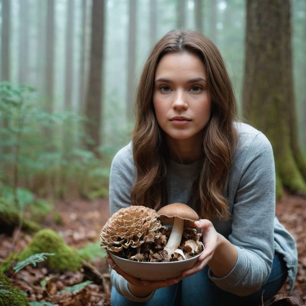 Mujer en el bosque sosteniendo un plato con hongos maitake frescos, destacando la recolección de setas comestibles en un entorno natural y saludable.